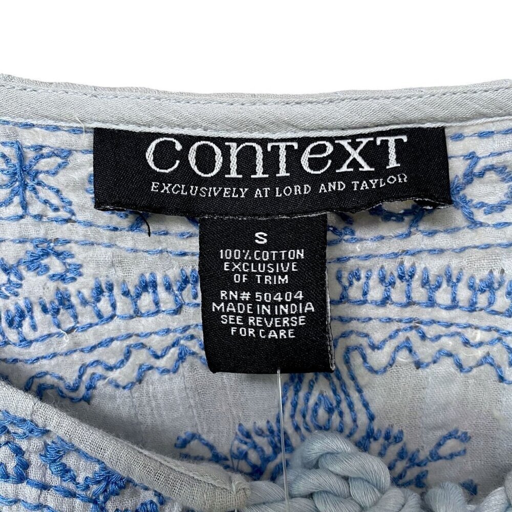 CONTEXT Boho Top Size Small Blue Embroidered Cotton Crinkle Gauze - Picture 4 of 11